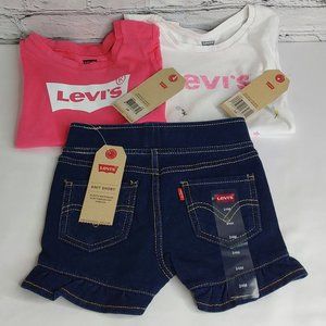 'LEVI'S' 3-PIECE SET DENIM SHORTS LOGO FLORAL TEE & LOGO CORAL TEE STRETCH KNIT